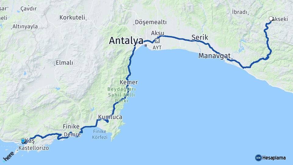 Antalya Kaş Akseki Arası Kaç Km - Yol Haritası