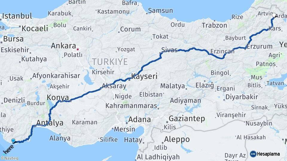 Antalya Kaş Ardahan Arası Kaç Km - Yol Haritası