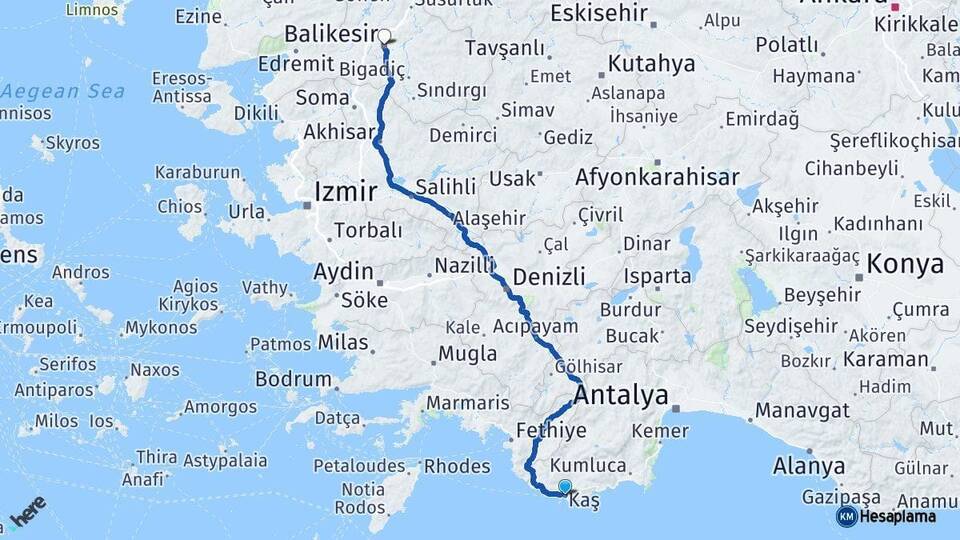 Antalya Kaş Balıkesir Arası Kaç Km - Yol Haritası