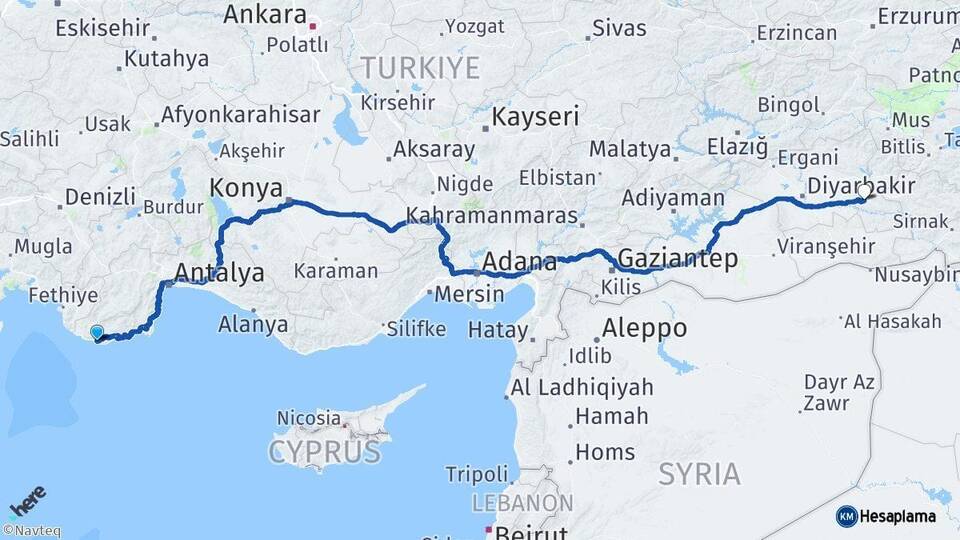 Antalya Kaş Batman Arası Kaç Km - Yol Haritası