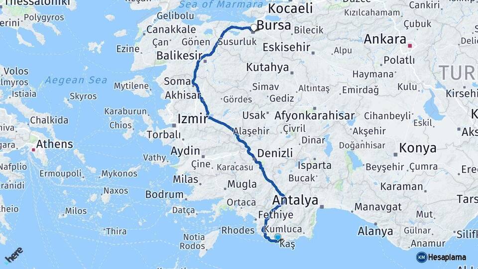 Antalya Kaş Bursa Arası Kaç Km - Yol Haritası