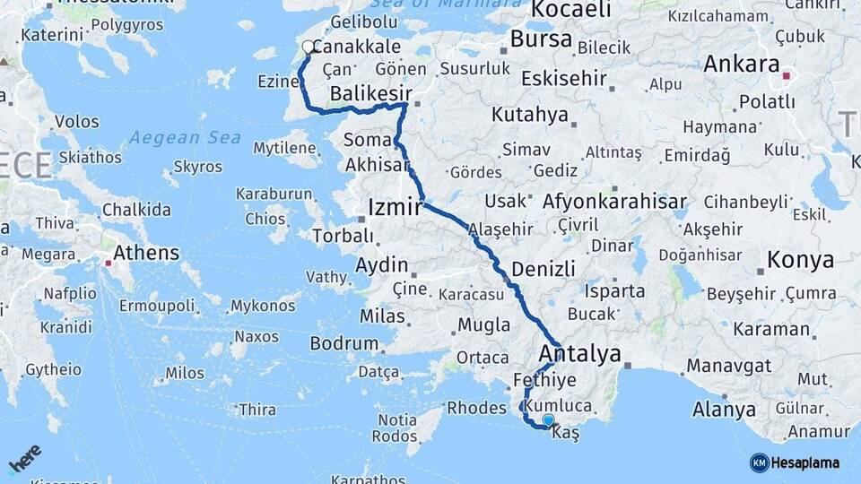 Antalya Kaş Çanakkale Arası Kaç Km - Yol Haritası