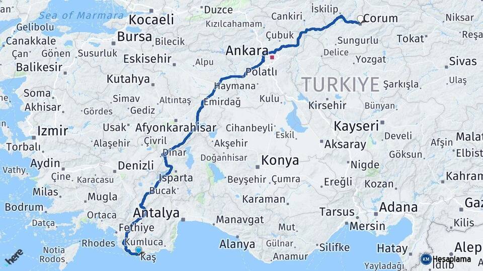 Antalya Kaş Çorum Arası Kaç Km - Yol Haritası