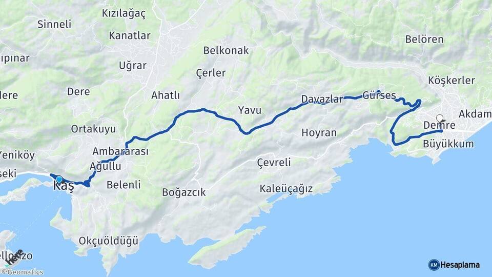 Antalya Kaş Demre Arası Kaç Km - Yol Haritası
