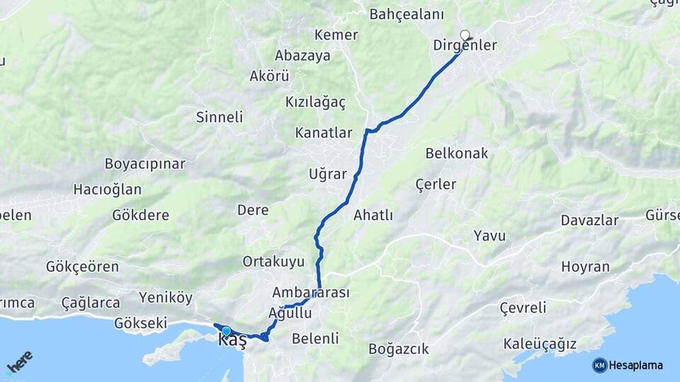 Antalya Kaş Dirgenler Kaş Arası Kaç Km - Yol Haritası