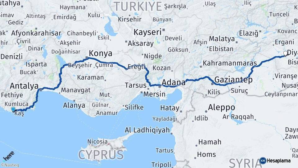 Antalya Kaş Diyarbakır Arası Kaç Km - Yol Haritası