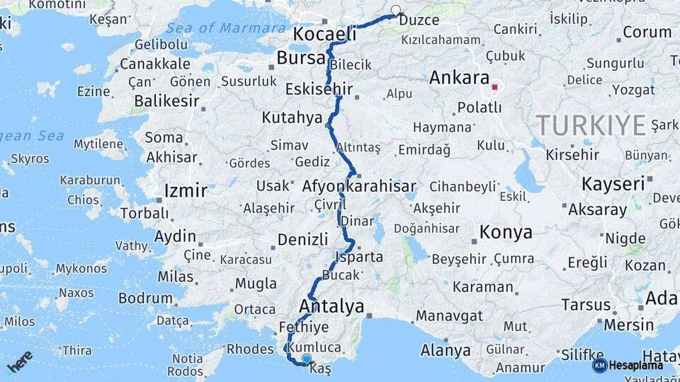 Antalya Kaş Düzce Arası Kaç Km - Yol Haritası