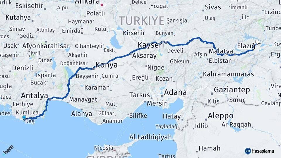 Antalya Kaş Elazığ Arası Kaç Km - Yol Haritası