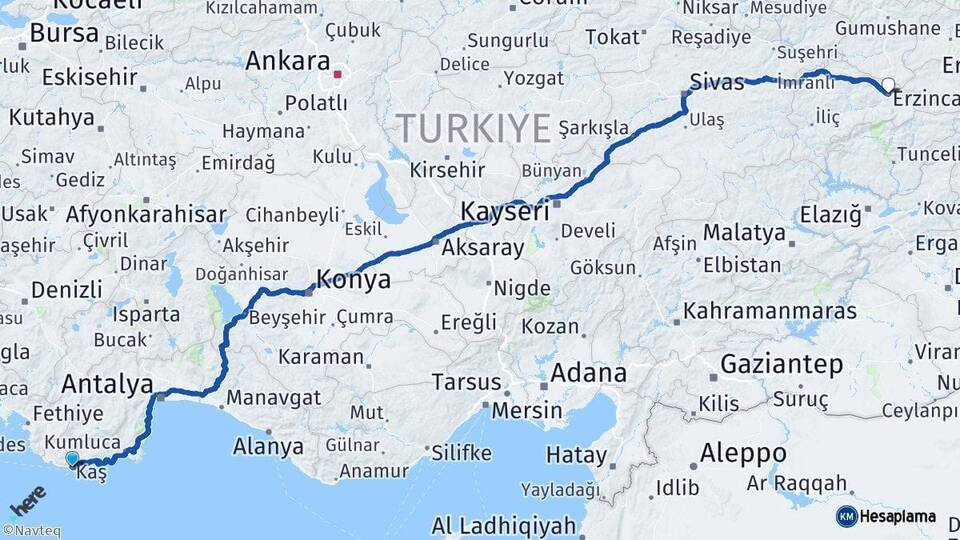 Antalya Kaş Erzincan Arası Kaç Km - Yol Haritası