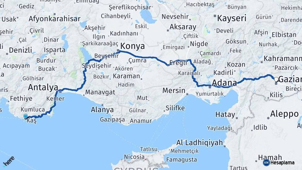Antalya Kaş Gaziantep Arası Kaç Km - Yol Haritası