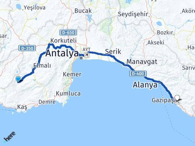 Gömbe Gazipaşa Alanya Havalimanı Arası Kaç Km - Yol Tarifi
