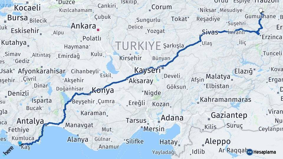 Antalya Kaş Gümüşhane Arası Kaç Km - Yol Haritası