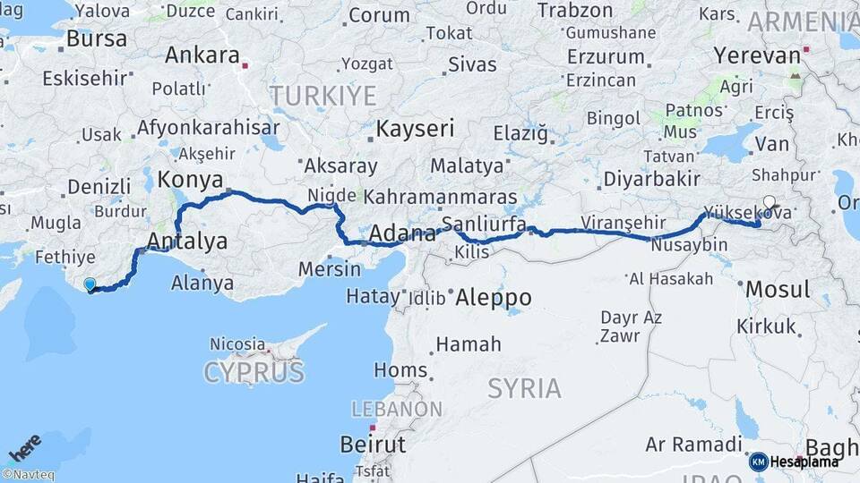Antalya Kaş Hakkari Arası Kaç Km - Yol Haritası