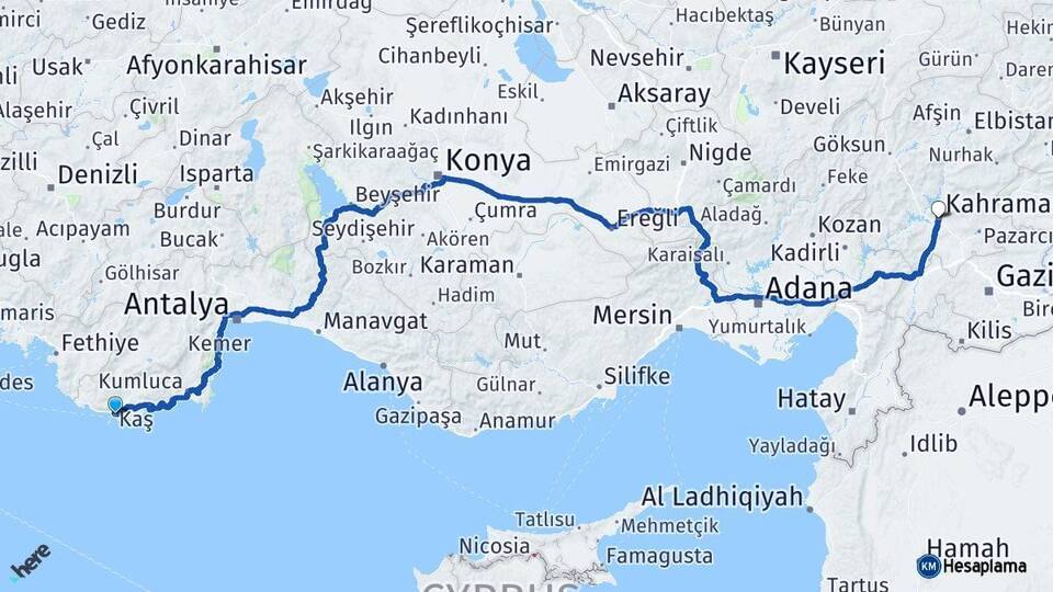 Antalya Kaş Kahramanmaraş Arası Kaç Km - Yol Haritası