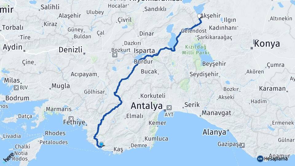 Antalya Kaş Kalkan Akşehir Konya Arası Kaç Km - Yol Haritası