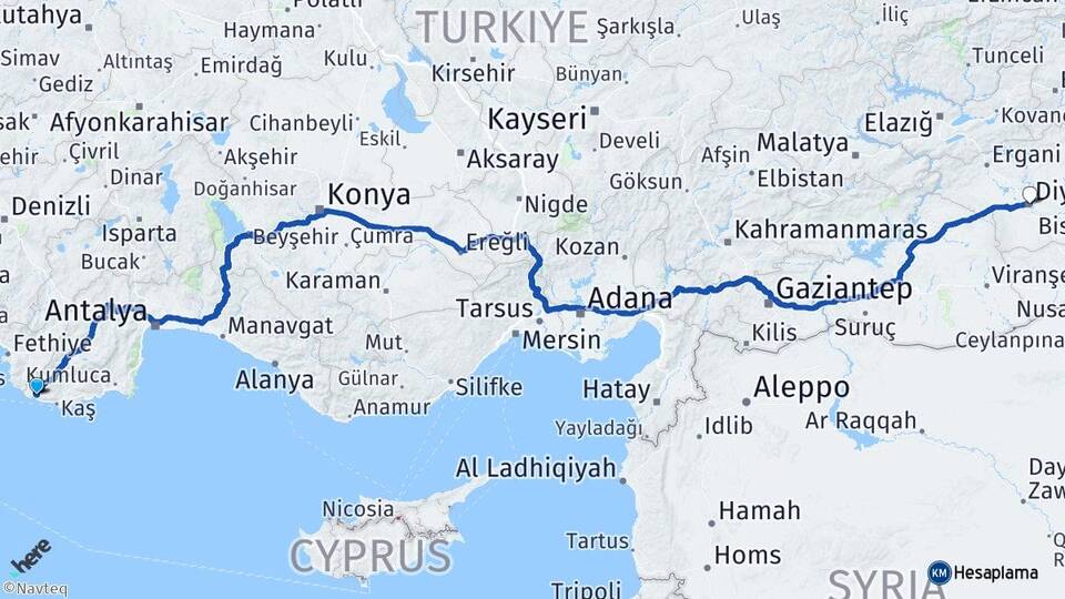 Antalya Kaş Kalkan Diyarbakır Arası Kaç Km - Yol Haritası