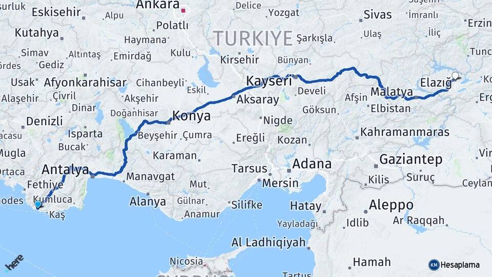 Antalya Kaş Kalkan Elazığ Arası Kaç Km - Yol Haritası