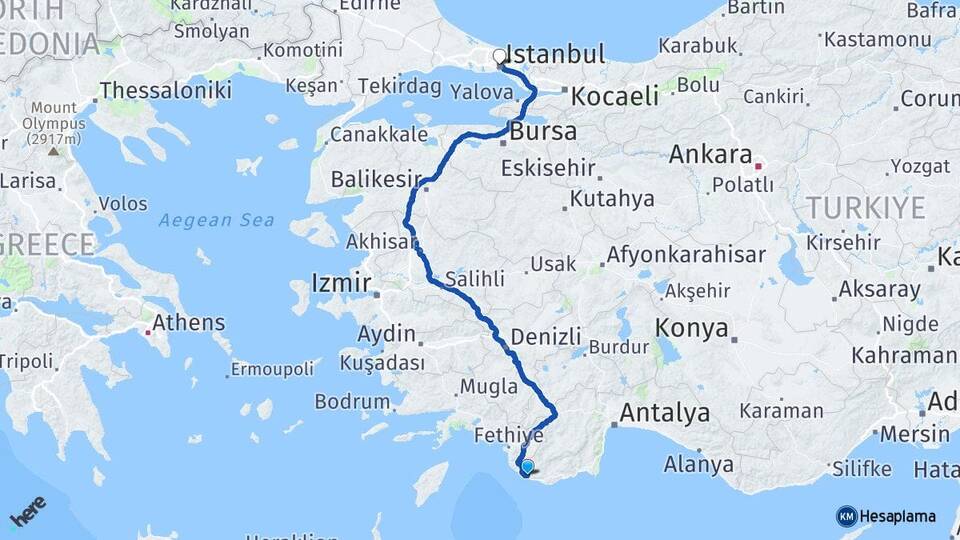 Antalya Kaş Kalkan İstanbul Arası Kaç Km - Yol Haritası