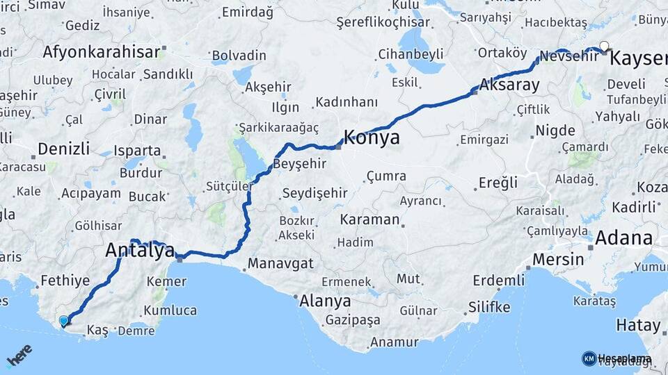 Antalya Kaş Kalkan Kayseri Arası Kaç Km - Yol Haritası