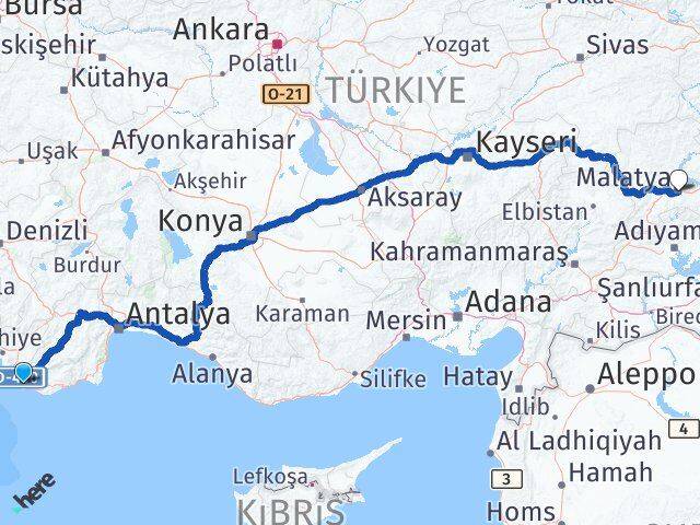 Antalya Kaş Kalkan Malatya Arası Kaç Km - Yol Haritası