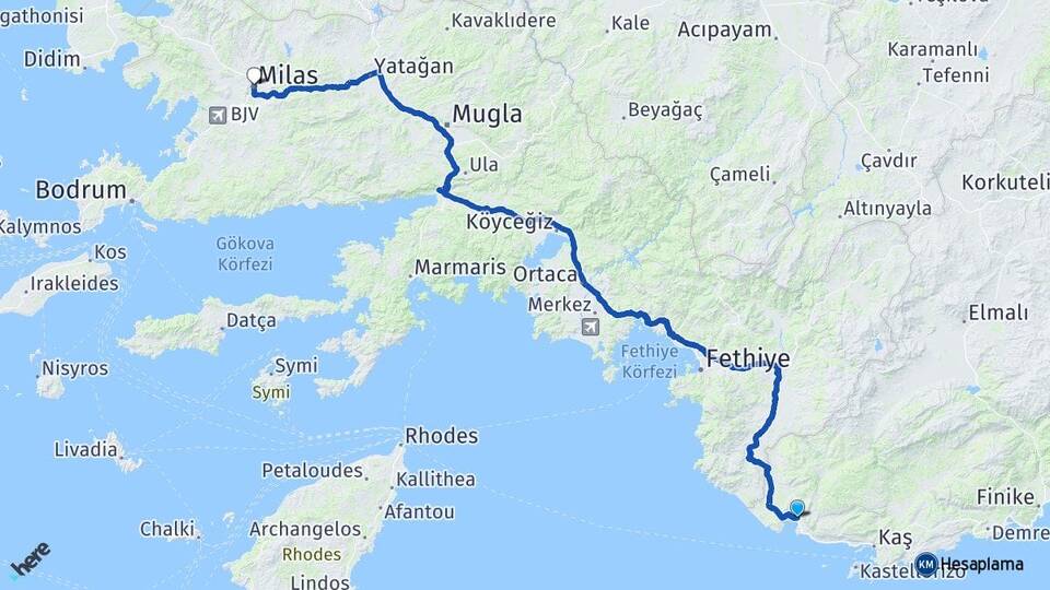Antalya Kaş Kalkan Milas Muğla Arası Kaç Km - Yol Haritası