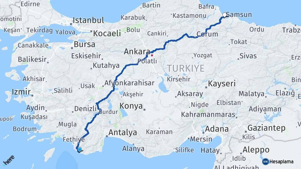 Antalya Kaş Kalkan Samsun Arası Kaç Km - Yol Haritası