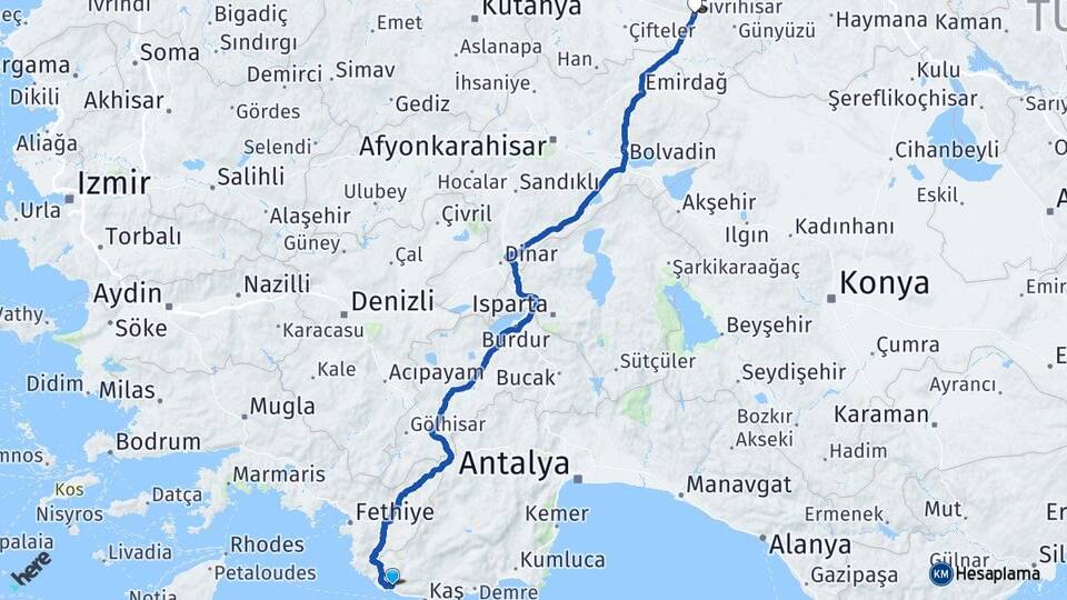 Antalya Kaş Kalkan Sivrihisar Eskişehir Arası Kaç Km - Yol Haritası