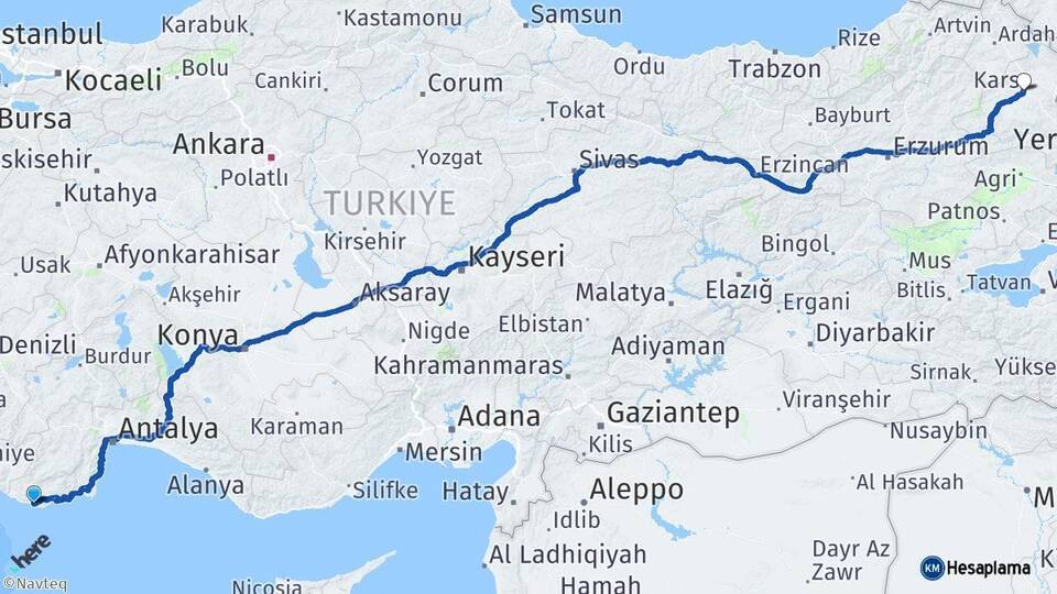 Antalya Kaş Kars Arası Kaç Km - Yol Haritası