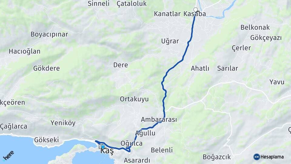 Antalya Kaş Kasaba Kaş Arası Kaç Km - Yol Haritası