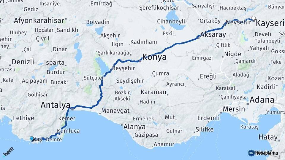 Antalya Kaş Kayseri Arası Kaç Km - Yol Haritası