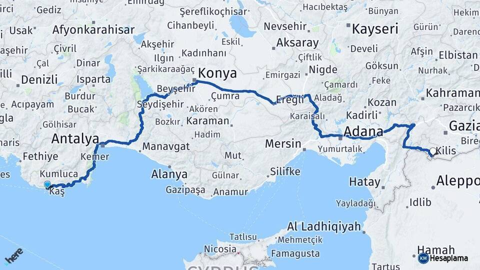 Antalya Kaş Kilis Arası Kaç Km - Yol Haritası