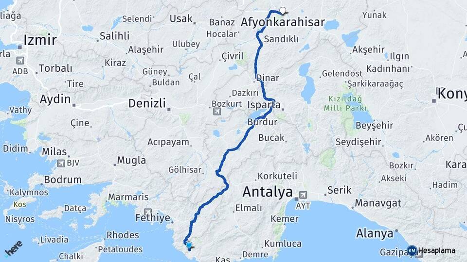 Antalya Kaş Kınık Afyonkarahisar Arası Kaç Km - Yol Haritası