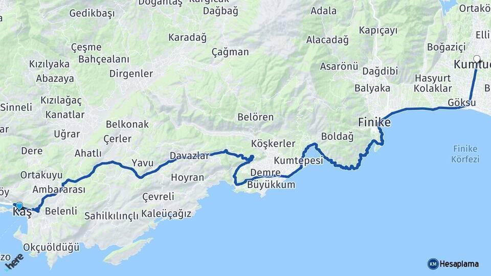 Antalya Kaş Kumluca Arası Kaç Km - Yol Haritası