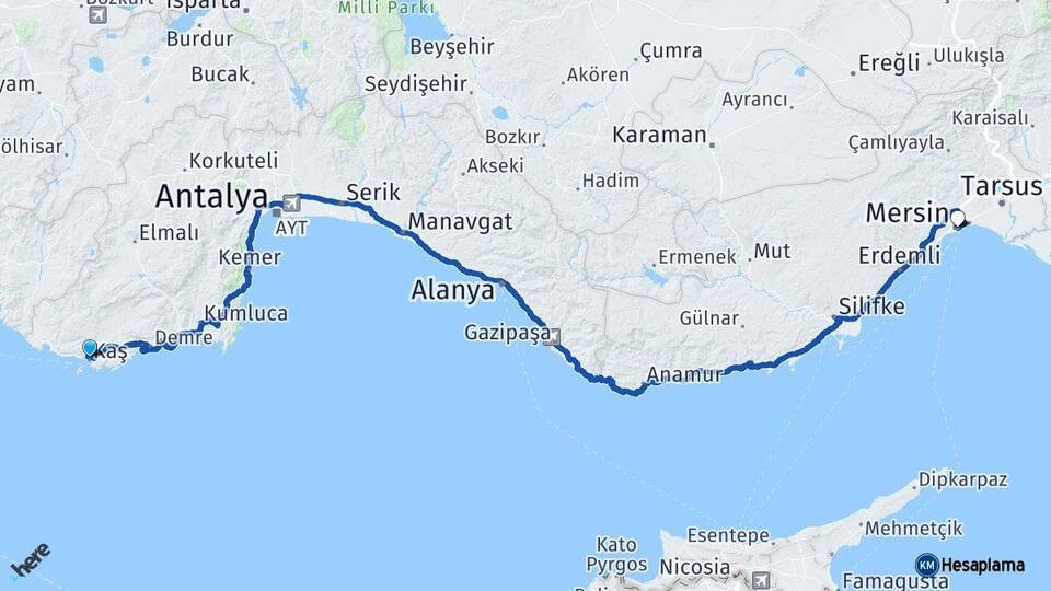 Antalya Kaş Mersin Arası Kaç Km - Yol Haritası