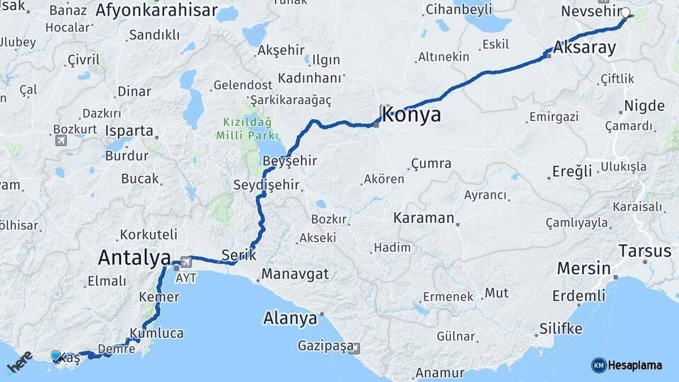 Antalya Kaş Nevşehir Arası Kaç Km - Yol Haritası
