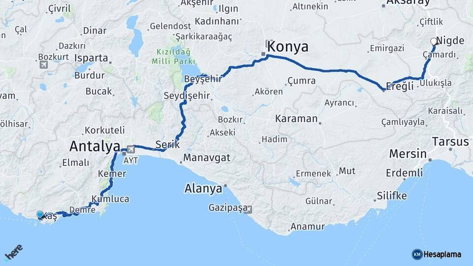 Antalya Kaş Niğde Arası Kaç Km - Yol Haritası