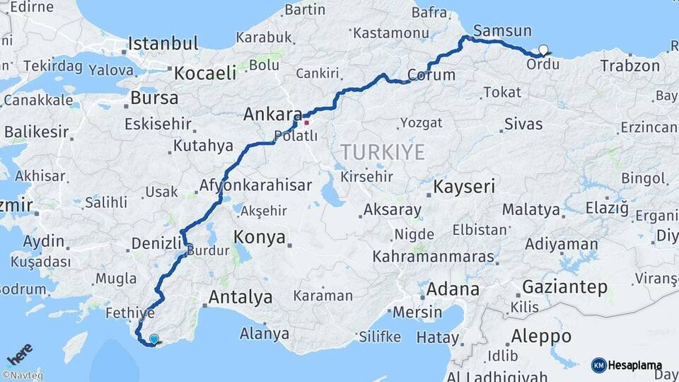 Antalya Kaş Ordu Arası Kaç Km - Yol Haritası