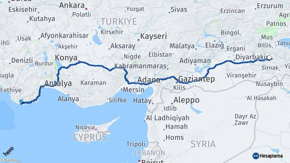 Antalya Kaş Siirt Arası Kaç Km - Yol Haritası