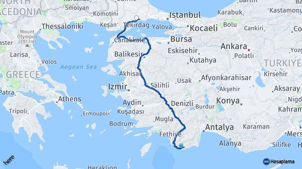 Antalya Kaş Tekirdağ Arası Kaç Km - Yol Haritası