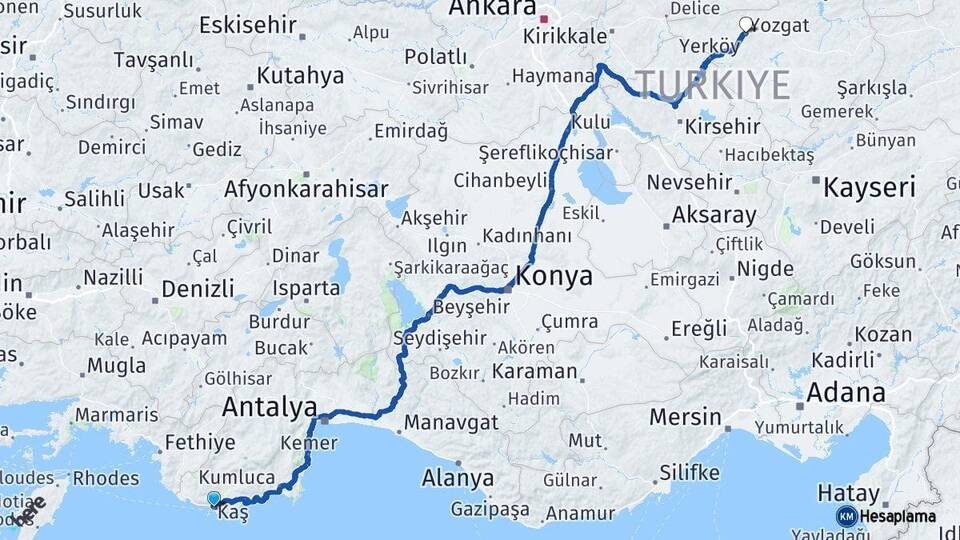 Antalya Kaş Yozgat Arası Kaç Km - Yol Haritası