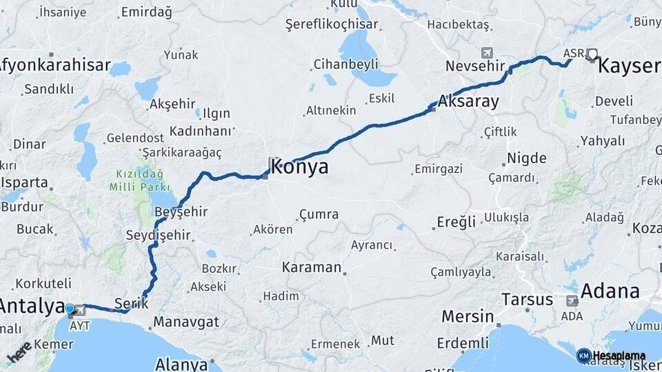 Antalya Kayseri Arası Kaç Km - Yol Haritası