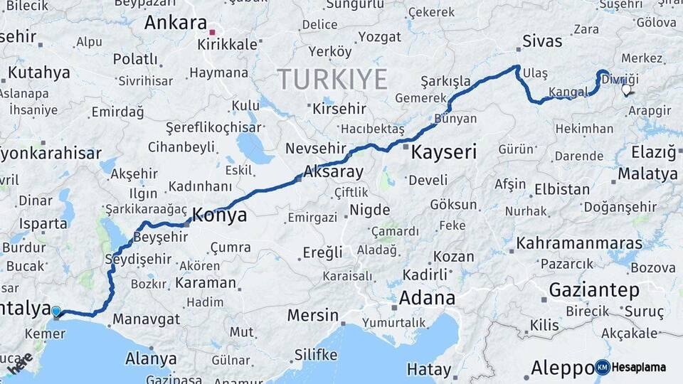 Antalya Kemaliye Erzincan Arası Kaç Km - Yol Haritası