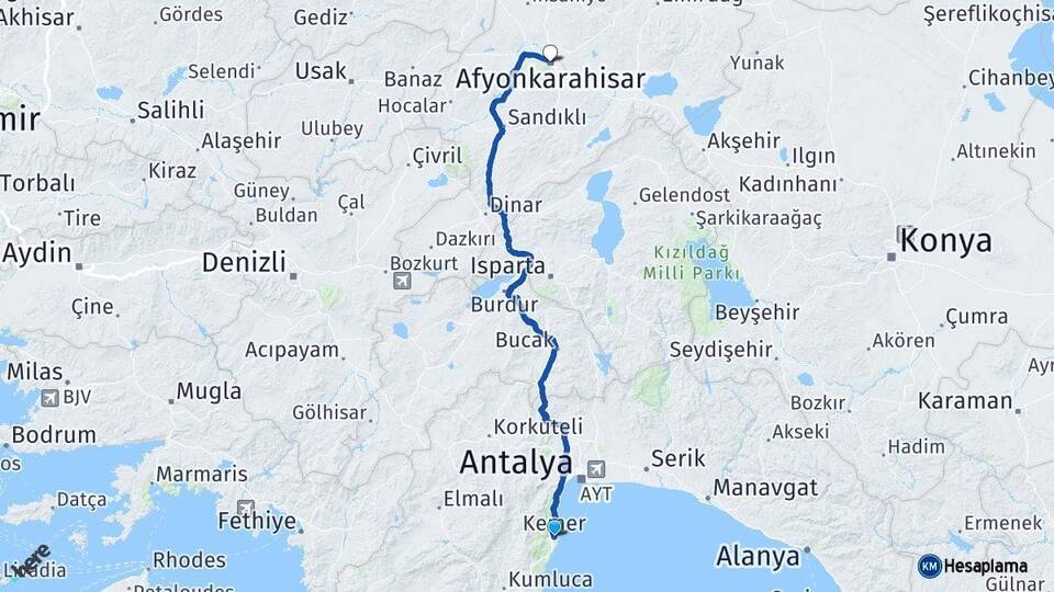 Antalya Kemer Afyonkarahisar Arası Kaç Km - Yol Haritası