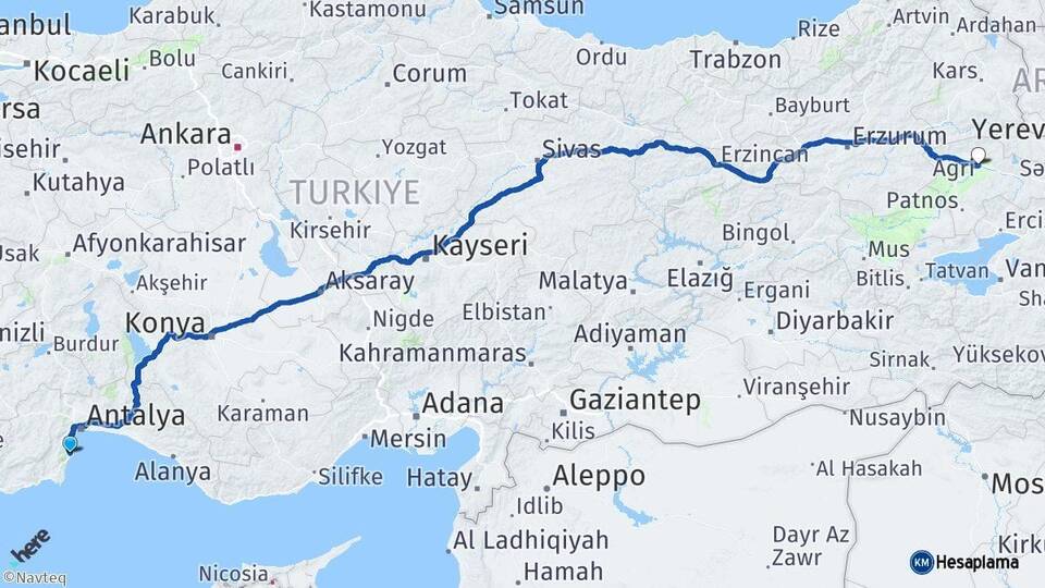 Antalya Kemer Ağrı Arası Kaç Km - Yol Haritası