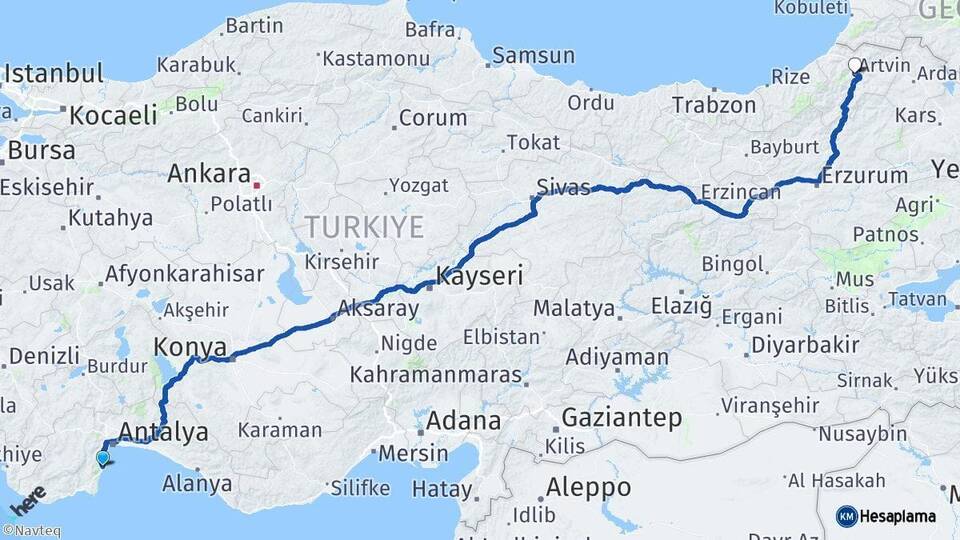 Antalya Kemer Artvin Arası Kaç Km - Yol Haritası