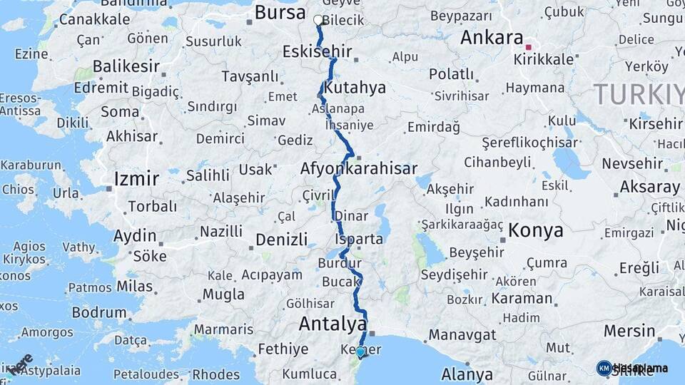 Antalya Kemer Bilecik Arası Kaç Km - Yol Haritası
