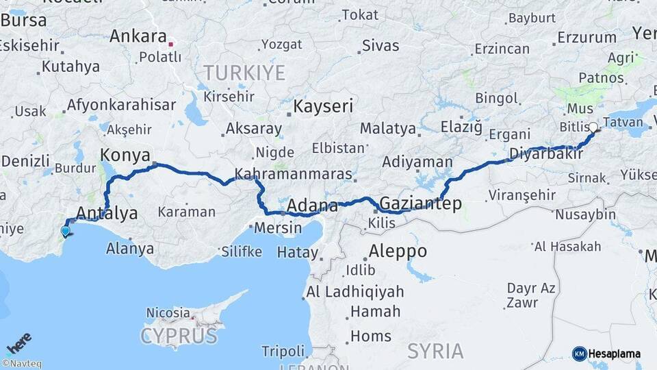 Antalya Kemer Bitlis Arası Kaç Km - Yol Haritası
