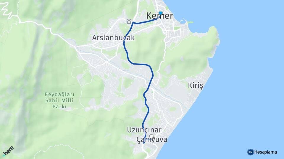 Antalya Kemer Çamyuva Kemer Arası Kaç Km - Yol Haritası