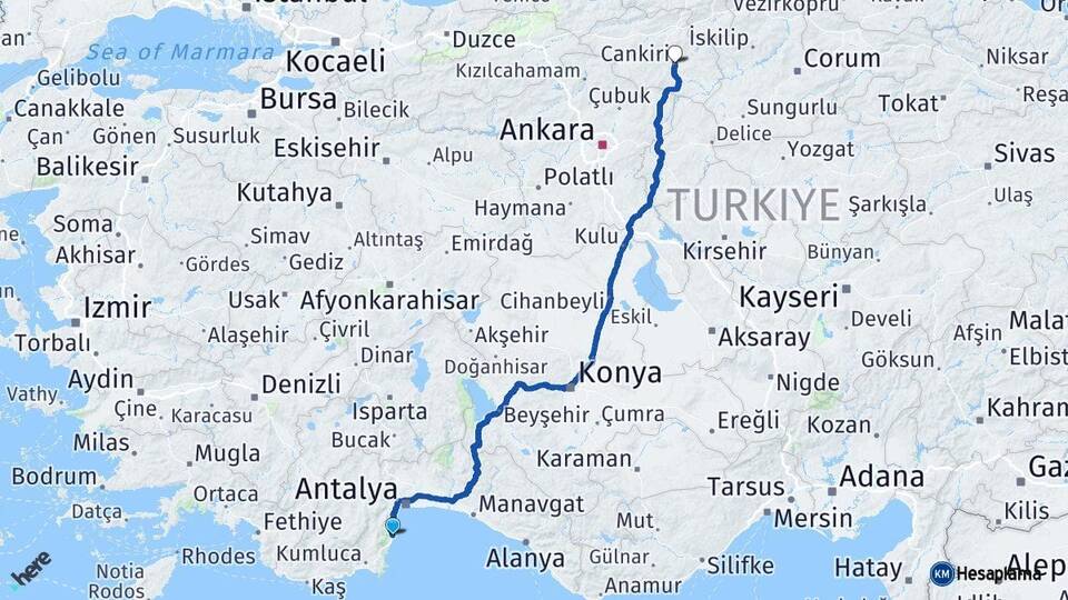 Antalya Kemer Çankırı Arası Kaç Km - Yol Haritası