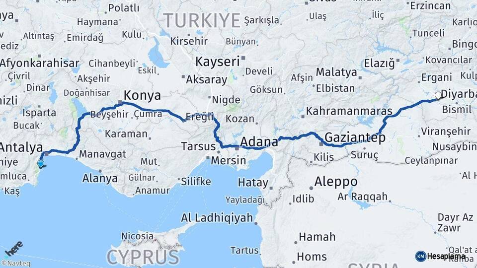 Antalya Kemer Diyarbakır Arası Kaç Km - Yol Haritası